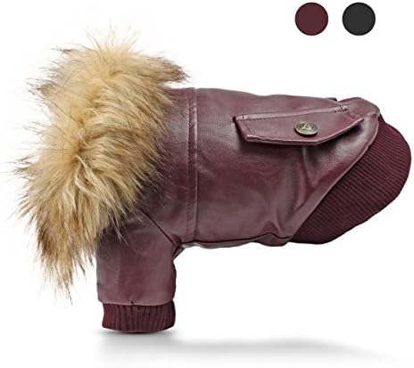 FishBabe Pets PU Leather Fashion Vintage Style Fur Collar Hoody Warm Winter Thick 100% Cotton Jacket Coat For Small Medium Breed Dogs Cold Weather Waterproof Windproof Clothes For Chihuahua Beagle Poodlle Bichon Corgi French Bulldog Red 2X-Large
