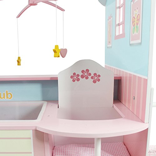Teamson Kids - All in One 18 inch Baby Doll Nursery Station (Changing Table + Crib + High Chair + Cabinet) with Swing | Wooden 18 inch Doll Furniture