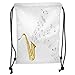 Produktbild Drawstring Backpacks Bags,Jazz Music Decor,Illustration of Wavy Music Tune from Saxophone Solo Party Beat Fun Art Home Decor,Golden White Soft Satin,5 Liter Capacity,Adjustable STR