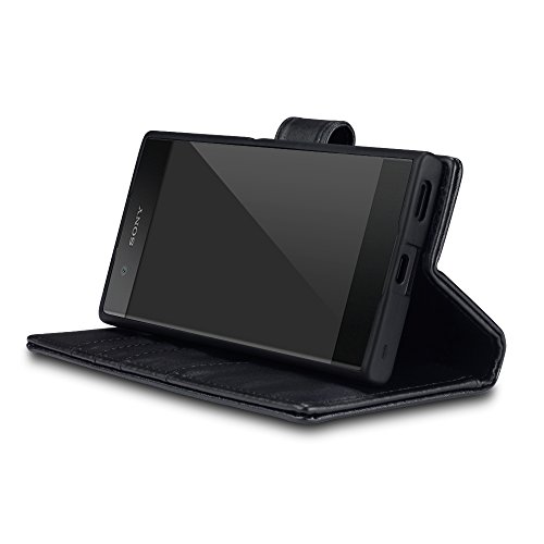 Sony Xperia XA1 Funda Cartera de aut  ntico cuero  tapa delantera con billetera para tarjetas  adaptable en posicion horizontal - Negro oscuro
