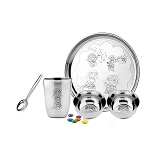 Sakoraware Cartoon Character Printed Stainless Steel Kids Dinnerset for Baby Feeding, 5 pcs Dinner Set (Silver) - Best for Home/Gift
