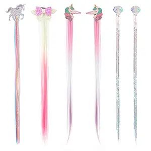 HIFOT 6PCS Braiding Hair Extensions Colored Straight Wigs for Girls, Unicorn Mermaid Rainbow Hair Bow Hair Accessories Neon Ombre Braiding Hair Clips, Banquet Party