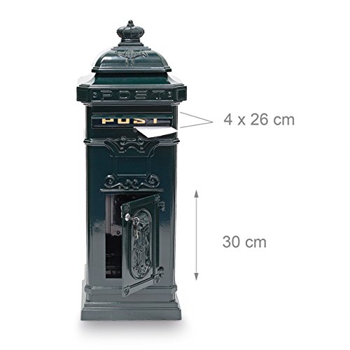 Relaxdays Standbriefkasten Antik HBT: 106 x 38 x 34 cm nostalgischer Säulenbriefkasten aus rostfreiem Aluminium englischer Briefkasten Postkasten in britischem Design mit Posthorn, grün - 4