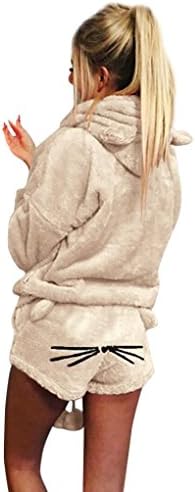 Toamen Women's Personality Fashion Warm Autumn Winter Cute Cat Solid Color Super Premium Set Two Piece Pajamas Hoodie Sleepwear Tops Blouse