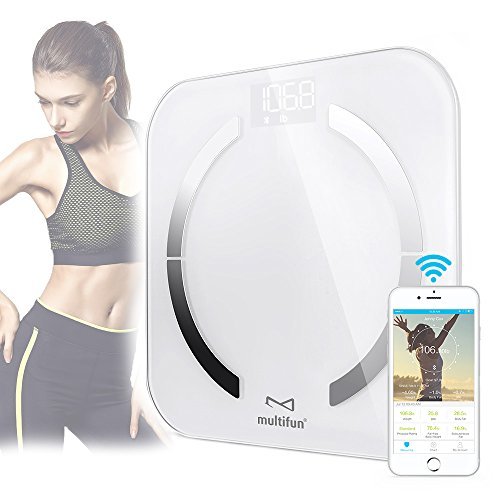Báscula de Baño Digital, multifun Bluetooth Escala Inteligente de Grasa con App, con Análisis Corporal de Peso, Índice de Masa, Grasa, Agua, Músculo, BMR y AMR