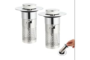 WQDD STANPET Tappi Lavandino Bagno – 2 Pezzi Tappo Lavandino Universale con Filtro in Acciaio Inox, 34–40mm Pop-Up Tappo per Lavandino, Bagno e Cucina