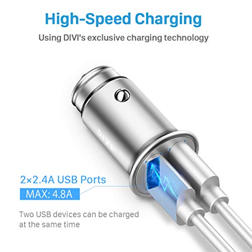 Chargeur de Voiture  Ultra Compact 2 Ports USB 5V   4 8A   24W en Alliage d Aluminium Chargeur Allume Cigare avec la technologie de charge rapide pour Phone X   8 7   6s   Plus  iPad Air   mini  Galaxy S8   S7   Edge   Plus   Note 5 4  LG  Nexus  HTC et plus by DIVI  argent   1 paquet 