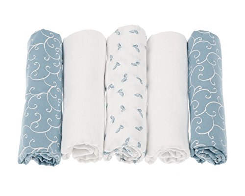 Motherhood 100 Percent Natural Cotton Burp Cloths (2 x flannel sheets + 3 x muslin squares, Blue classics)