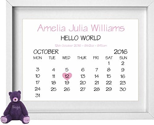 Nursery Picture New Born Baby Girl Calander Personalised, Name, Date, Weight, Time