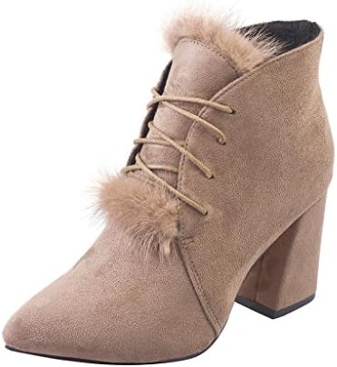 Xjp Women's Block Heel Pointed Toe Ankle Boots with Faux Fur (4.5, Khaki)