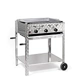 Gasbräter Grillwagen 11 kW mit Stahlpfanne & fahrbarem Gestell, mit drei stufenlos regelbaren Brennern.