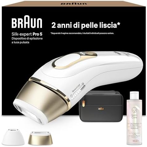 Braun Silk·expert Pro 5 Epilatore Luce Pulsata, Epilazione A Casa, Alternativa All’Epilazione Laser, Con Custodia, 2 Testine, Idea Regalo, Bianco/Oro, PL5140
