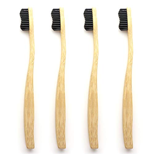 4x Spazzolini da denti in bamboo naturale ecologico | Manico in legno 100% biodegradabile riciclabile | Setole durezza media | Imballaggio riciclabile senza plastica | Confezione da 4 pezzi
