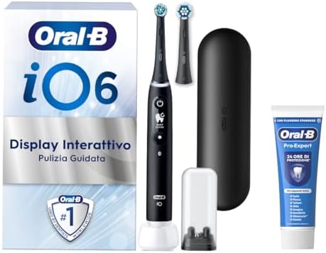 Oral-B iO 6 Spazzolino Elettrico Ricaricabile, con 2 Testine di Ricambio, Nero - 2 Testine di Ricambio per Spazzolino Elettrico, Custodia da Viaggio + 1 Dentifricio Pro Expert, Pulizia Denti Efficace