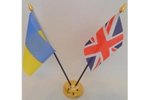 UKFLAGSHOP Ukraine Ukrainian Union Jack 2 Flag Friendship Desktop Table Centrepiece Flag Flags With Gold Base Ideal For Party Conferences Office Display