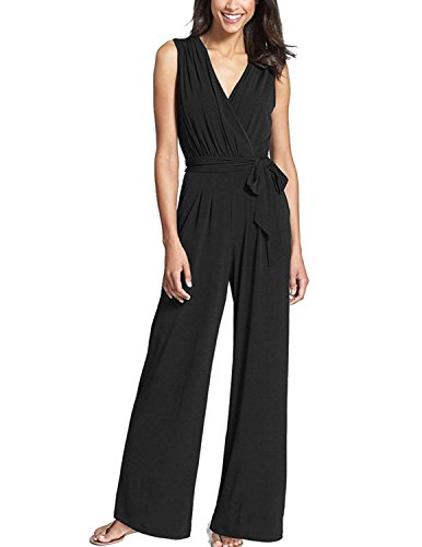 MODETREND Mujer Monos Sin Mangas V Cuello de Amplia Pierna Elegante Traje Pantalones Jumpsuit Largo Verano de Playa Clubwear Partido Tops