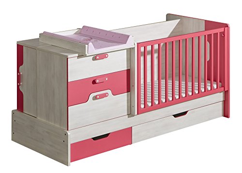 Preisvergleich Produktbild Gitterbett NUKI Mitwachsendes Babybett Kinderbett Multifunktionsbett mit Wickelauflage (Norwegische Kiefer - Himbeere)