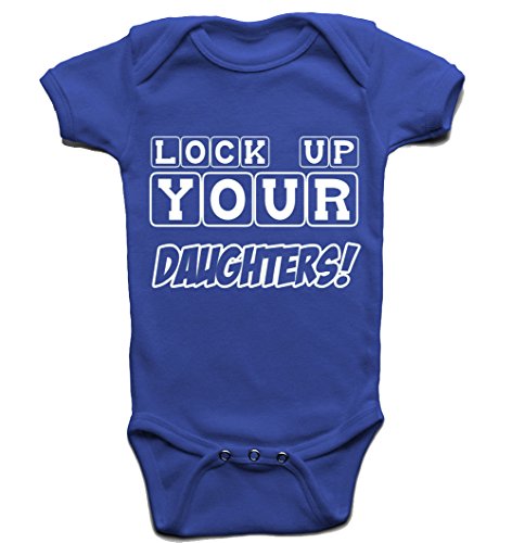 'Lock up your daughters!' cute baby boy babygrow romper sleepsuit (0-3 months, Royal Blue)