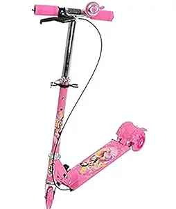 niyamat three wheeler scooter for kids kick foldable scooter with brake bell led lights in wheels and adjustable handle height 2-4 years [pink][latest 2020 edition] (character displayed may vary)- Multi color