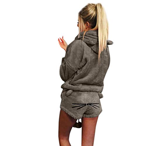 Zarupeng Mujeres Color sólido cálido Invierno Conjunto de Dos Piezas Lindo Gato Pijama Sudadera con Capucha