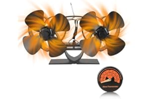 GOHANTEE 8 Pales Ventilateur Poêle à bois, ventilateur de cheminée à double tête avec thermomètre de poêle pour poêle à bois/brûleur à bois/cheminée, ventilateur écologique