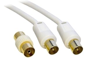AQUARIUS 5M Metre TV VCR Video Aerial Coaxial Fly Lead / Cable Male to Male White + Female Coupler - Gold