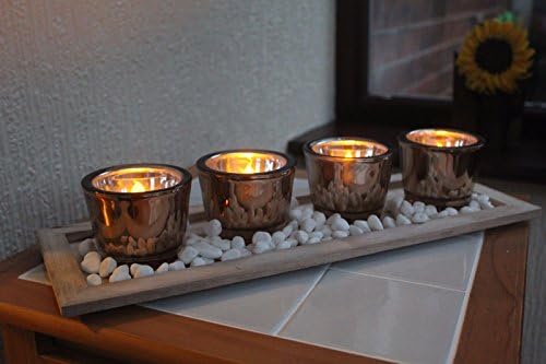 SET OF 4 METALLIC GLASS CANDLE TEALIGHT HOLDERS WITH WOODEN TRAY & RIVERSTONES-BRONZE