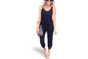 REORIA Women Summer Casual Sleeveless Tank Top Elastic Waist Loose Jumpsuit Rompers with Pockets