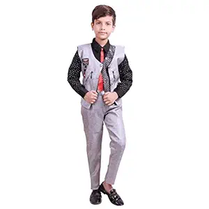 Prabhuratan Ethnic Wear Kids Party/Casual Wear Clothing Set : 3 Piece Suit Set with Cotton Shirt, Pant, Blended Waistcoat and Tie for Boys (Article No.- 702) (5-6 Years)