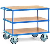 Fetra - Tischwagen 1000 x 600 mm mit 3 Lädeflächen aus Holzwerkstoffplatte - Stahlrohrkonstruktion blau pulverbeschichtet
