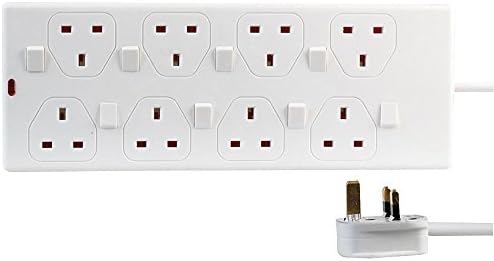 ShaniTech 8 Way Gang 2 Metre 13A Mains Individually Switched Power Extension Lead Socket White