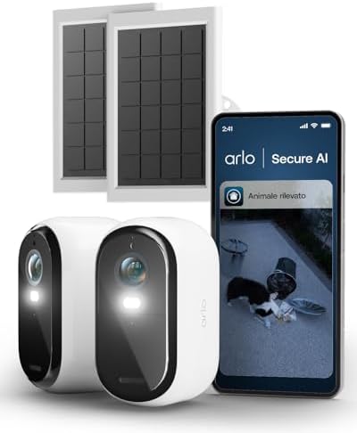 Arlo Essential 3 Telecamera WiFi Esterno Senza Fili + Pannello Solare (2), HD, Telecamera WiFi Interno, Sirena Allarme Casa, Sensore Di Movimento, Prova Inclusa Secure, 2 Telecamere, Bianche