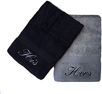 Embroidered His & Hers Black and Grey Hand Towels Pair
