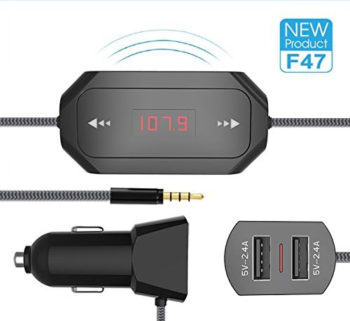 Aogek universial built-in music FM transmitter radio adapter with 2*2.4A usb car charger port for any mobile devices with 3.5mm audio plug(Black) (Black)