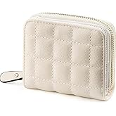 SYGA PU Leather Mini Zipper Wallet for Women, White - Checked Pattern