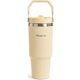 SS119 900 ml &Ccedil;elik Termos Bardak Pipetli Kulplu Taşınabilir Su Matarası Krem