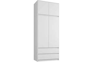 FRAMIRE B-9N szafa na ubrania z przedłużeniem, szafa na ubrania, kolor biały, 2-drzwiowa szafa na ubrania, 2 szuflady, szafa na ubrania do sypialni, salonu, korytarza, 234 x 90 x 55 cm