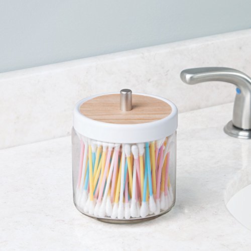mDesign Wattebauschspender mit Deckel für kleine Badaccessoires in weiß – Glasgefäß für Wattebäusche, Abschminktücher, Q-Tip & Co. – ideal für das Badezimmer oder Gäste-WC - 2