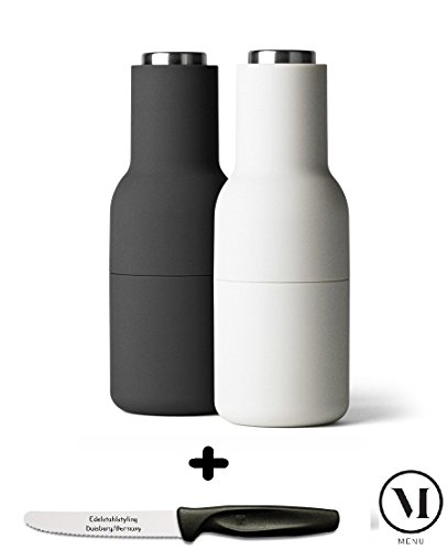 Menu Geschenkset Bottle Pfeffermühle + Salzmühle 2er-Set, 20 cm + Edelstahlstyling Universalmesser (ash/carbon (Edelstahldeckel))