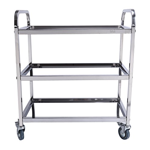 Yosoo 3 Niveles Carrito de Servir Profesional de 100% Acero Inoxidable (Superficie de 85 x 45 cm, Altura de 90cm, Distancia de 28.5 cm entre bandejas, Ruedas de goma)