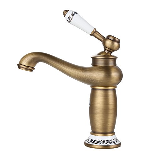 Fuloon Vintage Estilo Individual de control Rústico Baño Grifo Antiguo acabado baño grifo del fregadero con la porcelana buena calidad (Cobre)