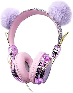 Samvardhan Girls Unicorn Pompon Wired Headphones,Cute Cat Ear Kids Game Headset for Boys Teens Tablet Laptop PC,Over Ear Children Headset with Mic,for School Birthday Xmas Gifts Pink