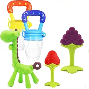 KIDZVILLA Teething Toys for Babies 0-6 Months 6-12 Months - Teethers with 2 ? Baby Fruit Feeders and 3 ? Baby Teether - BPA Free / Freezer Free - for Infant and Toddler (Green+ Strawberry Grapes)