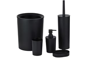 ZANBEEL BATHROOM SET 5 PIECE ACCESSORY Lotion Dispenser, Toothbrush Holder, Tumbler Cup, Soap Dish, Trash Can And Toilet Brush (Black)