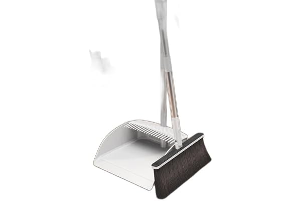 Broom and Dustpan Set with Long Handle, Upright Standing Windproof Floor Cleaning Combo for Home, Kitchen, Office White & Black PAR-P479