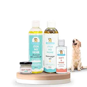 Papa Pawsome Itch No More Spa Kit for Pet Dog - Itch No More Shampoo Plus Conditioner, 250 ml + Itch No More Massage Oil, 250 ml + Soft & Shine Detangling Fur Serum, 50 ml + Soft Paws Paw Cream, 25g