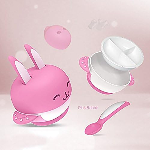 Ralia Baby Feeding Suction Bowl. It Includes 6 sets (1 pcs Bowl cover +1 pcs bowl body +1 pcs fork + 1 pcs spoon+1 pcs Dividing plate + 1 pcs Spoon fork, holder ). Antibacterial Cute Rabbit Suction Bowl, It Is FDA approve And BPA Free. (Pink)