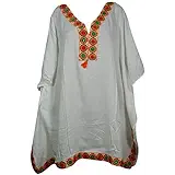 Indiatrendzs Women's Rayon Poncho Kaftan Tops White Embroidered Short Kaftan (Chest 60)