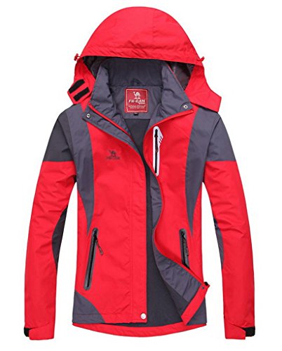 Bigood Women Plain Waterproof Hooded Zipper Jacket Red 2XL Bust 110 cm