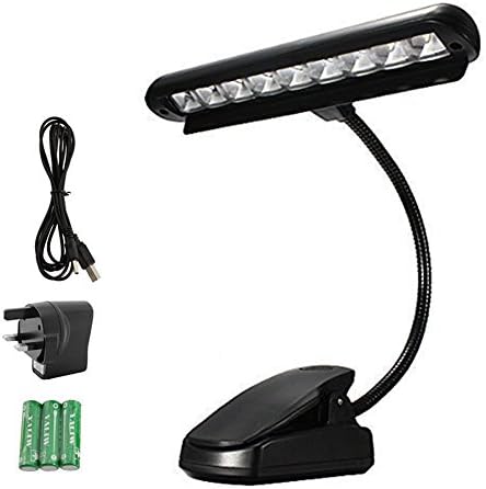 Elikeable LT Portable 9 LED Clip On Music Light Stand with USB Rechargeable Lithium Battery Adjustable Flex Neck LED Bright Reading Booklight with AC Adapter (Batteries and USB AC Adapter Included)